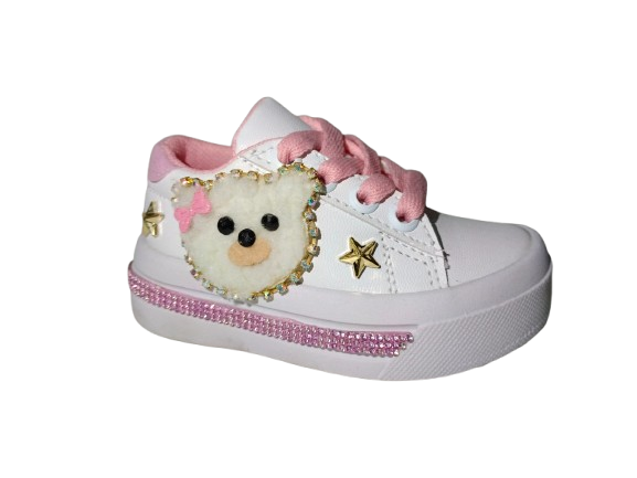 Tenis para Niña Modelo 0988 con Diseño de Osito y Detalles Dorados