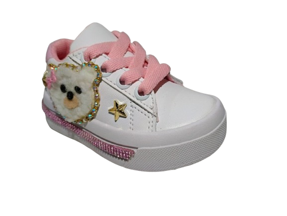 Tenis para Niña Modelo 0988 con Diseño de Osito y Detalles Dorados