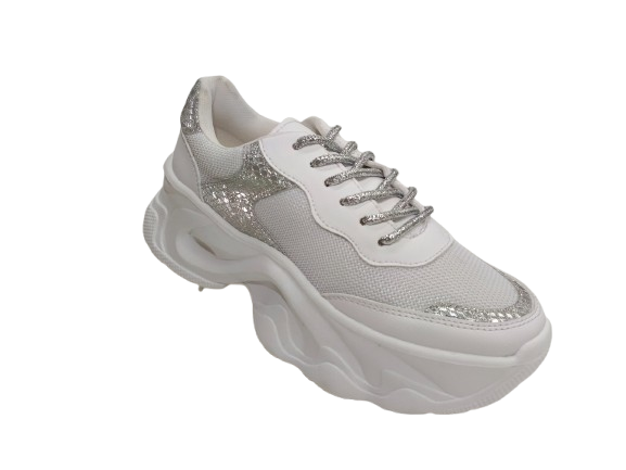 Tenis para Dama Color Blanco Plata con Detalles Brillantes - Modelo S360