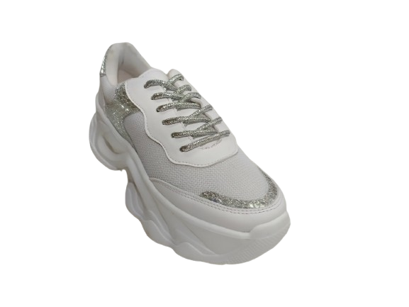 Tenis para Dama Color Blanco Plata con Detalles Brillantes - Modelo S360